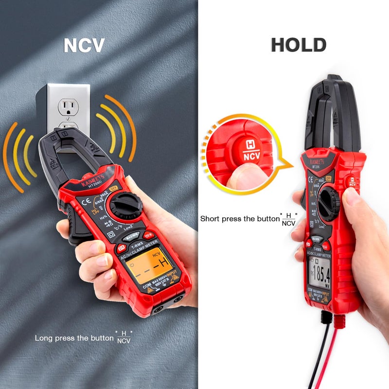 KAIWEETS HT206D Digital Clamp Meter T-RMS 6000 Counts, Multimeter Voltage Tester Auto-ranging, Measures Current Voltage Temperature Capacitance Resistance Diodes Continuity Duty-Cycle (AC/DC Current) - Image 4